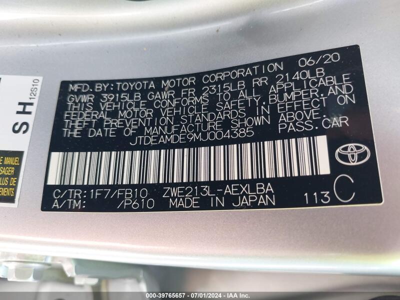 2021 TOYOTA COROLLA HYBRID LE - JTDEAMDE9MJ004385 | SeoVin.biz