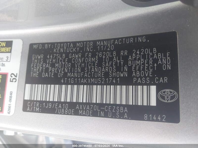 2021 TOYOTA CAMRY SE - 4T1G11AKXMU521741 | SeoVin.biz