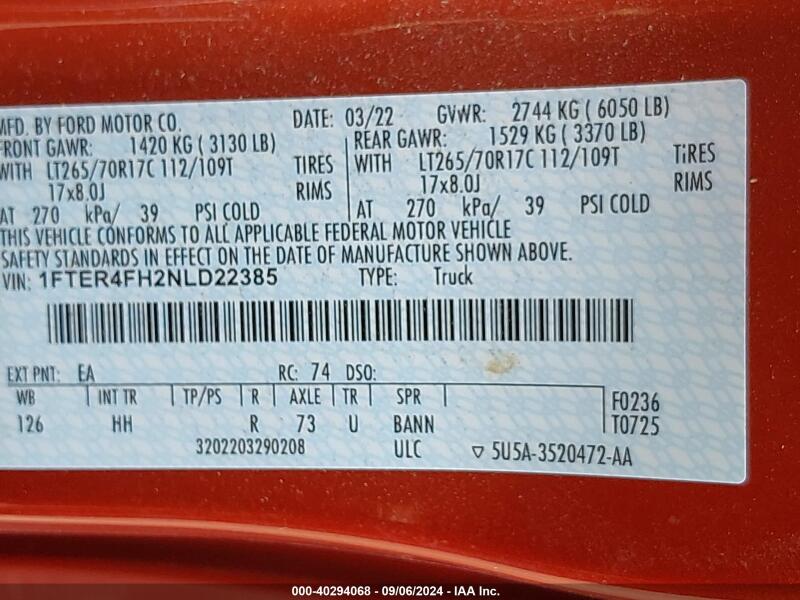 2022 FORD RANGER LARIAT - 1FTER4FH2NLD22385 | SeoVin.biz