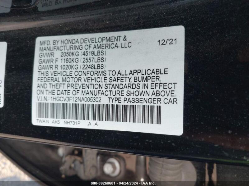 2022 HONDA ACCORD HYBRID - 1HGCV3F12NA005302 | SeoVin.biz