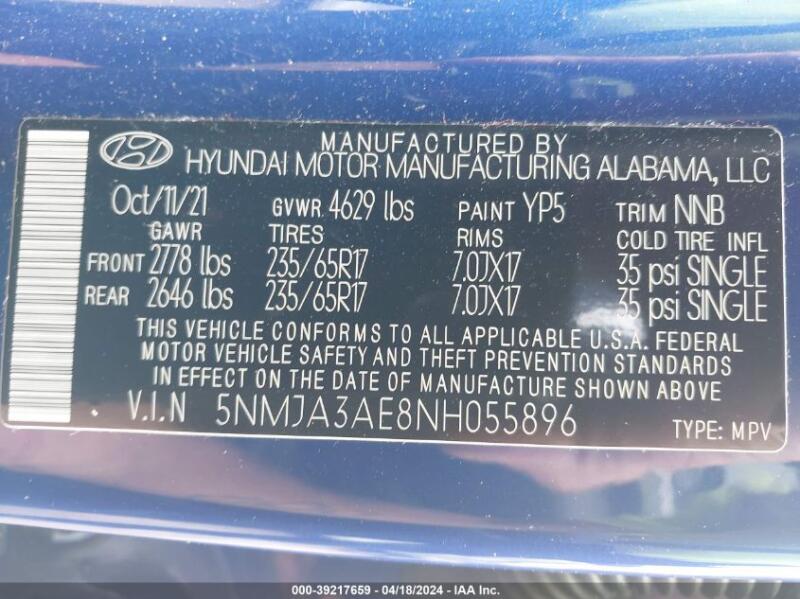 2022 HYUNDAI TUCSON SE - 5NMJA3AE8NH055896 | SeoVin.biz
