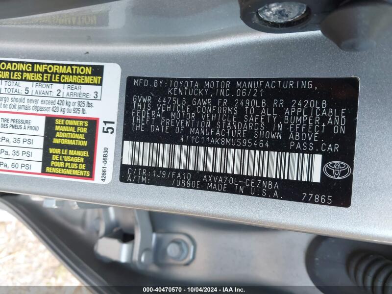2021 TOYOTA CAMRY LE - 4T1C11AK8MU595464 | SeoVin.biz