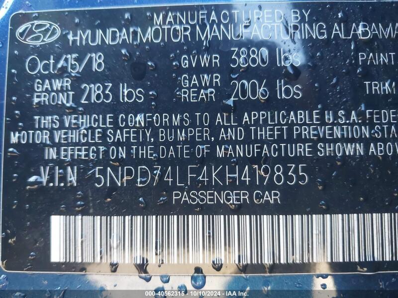 2019 HYUNDAI ELANTRA SE - 5NPD74LF4KH419835 | SeoVin.biz