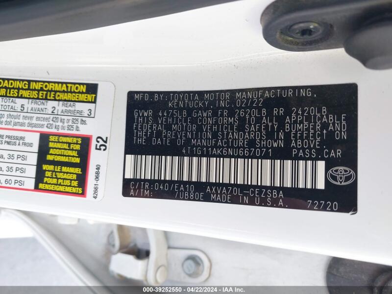 2022 TOYOTA CAMRY SE - 4T1G11AK6NU667071 | SeoVin.biz