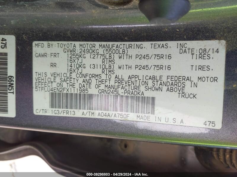 2015 TOYOTA TACOMA BASE V6 - 5TFLU4EN2FX111985 | SeoVin.biz
