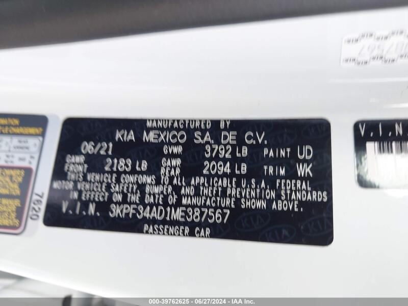 2021 KIA FORTE GT-LINE - 3KPF34AD1ME387567 | SeoVin.biz