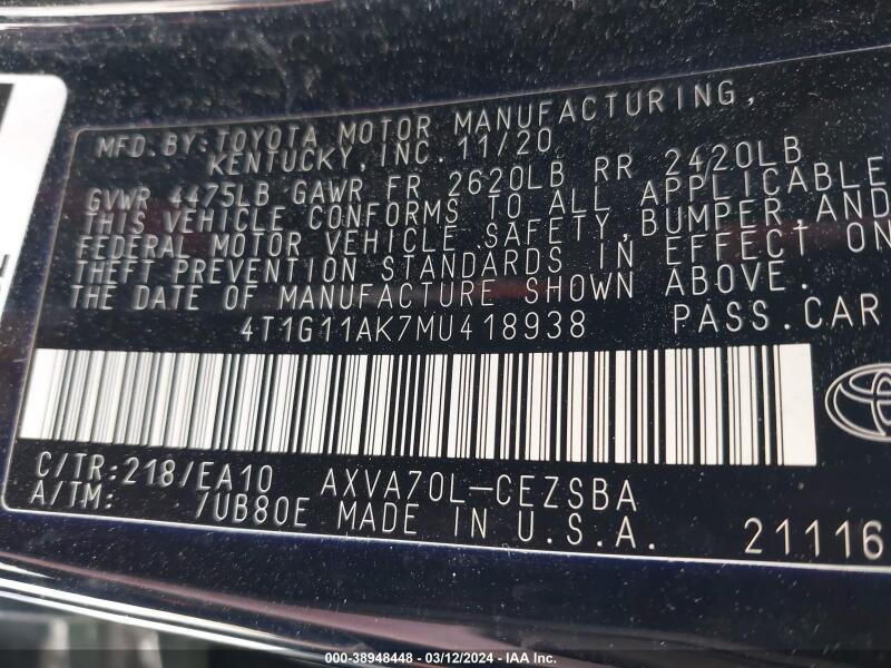 2021 TOYOTA CAMRY SE - 4T1G11AK7MU418938 | SeoVin.biz