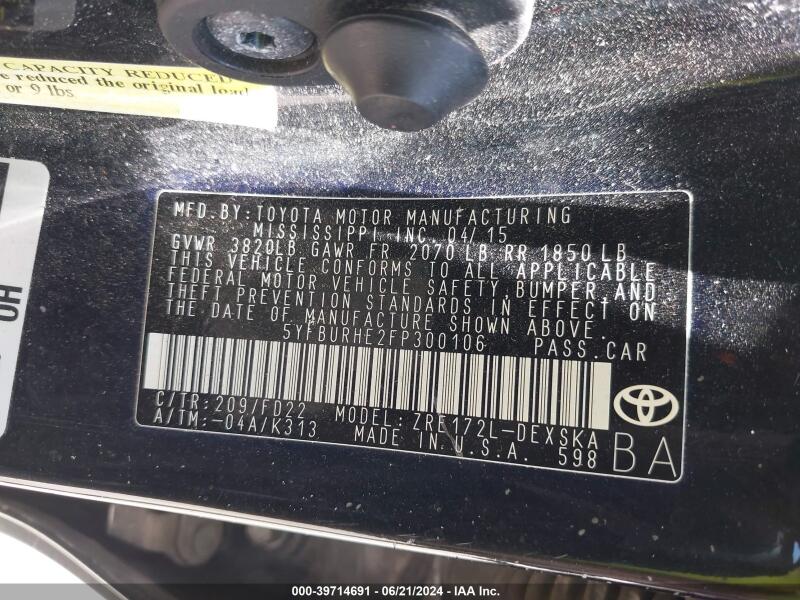 2015 TOYOTA COROLLA S PLUS - 5YFBURHE2FP300106 | SeoVin.biz
