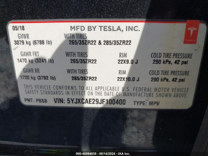 2018 TESLA MODEL X 100D/75D/P100D - 5YJXCAE29JF100400 | SeoVin.biz