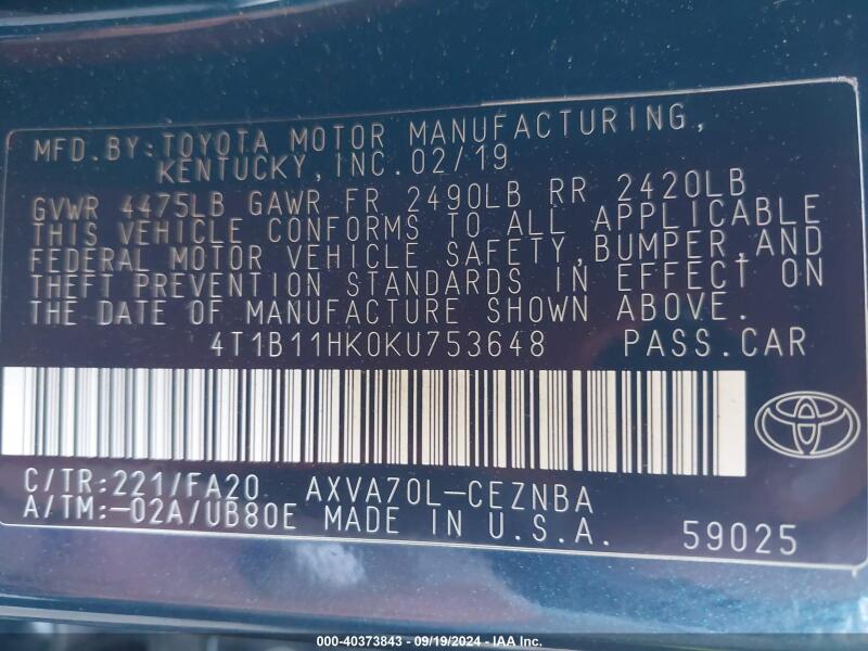 2019 TOYOTA CAMRY LE - 4T1B11HK0KU753648 | SeoVin.biz
