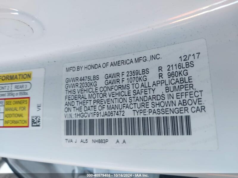 2018 HONDA ACCORD TOURING - 1HGCV1F91JA067472 | SeoVin.biz