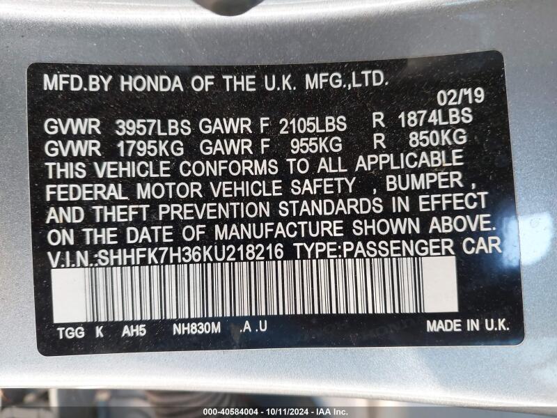 2019 HONDA CIVIC LX - SHHFK7H36KU218216 | SeoVin.biz