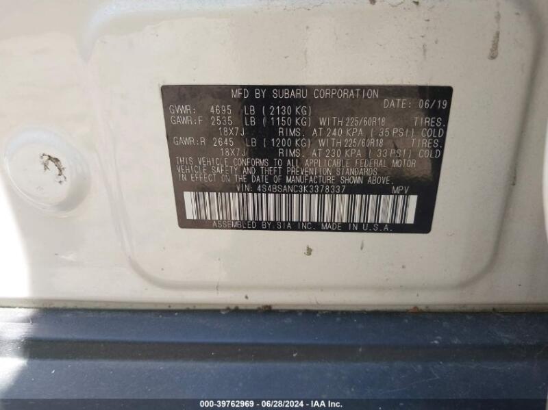 2019 SUBARU OUTBACK 2.5I LIMITED - 4S4BSANC3K3378337 | SeoVin.biz