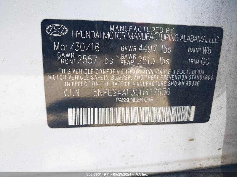 2016 HYUNDAI SONATA - 5NPE24AF3GH417636 | SeoVin.biz
