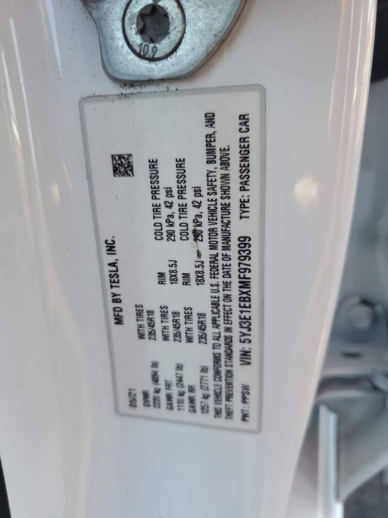 2021 TESLA MODEL 3 - 5YJ3E1EBXMF979399 | SeoVin.biz