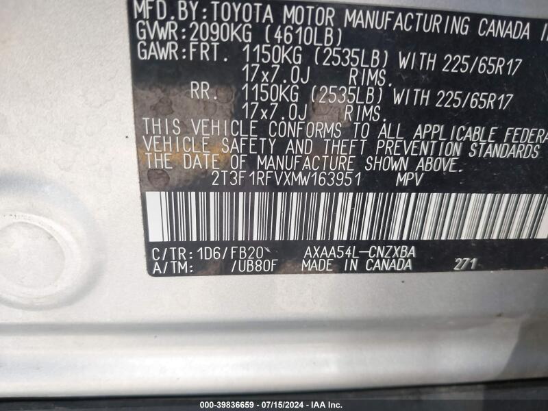 2021 TOYOTA RAV4 LE - 2T3F1RFVXMW163951 | SeoVin.biz