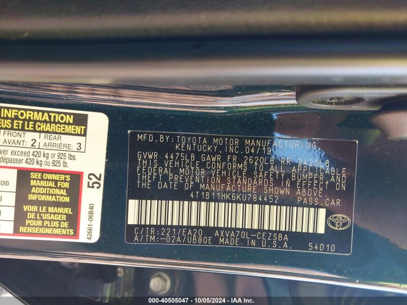 2019 TOYOTA CAMRY SE - 4T1B11HK6KU784452 | SeoVin.biz
