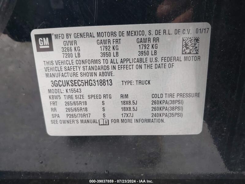 2017 CHEVROLET SILVERADO 1500 2LZ - 3GCUKSEC5HG318813 | SeoVin.biz