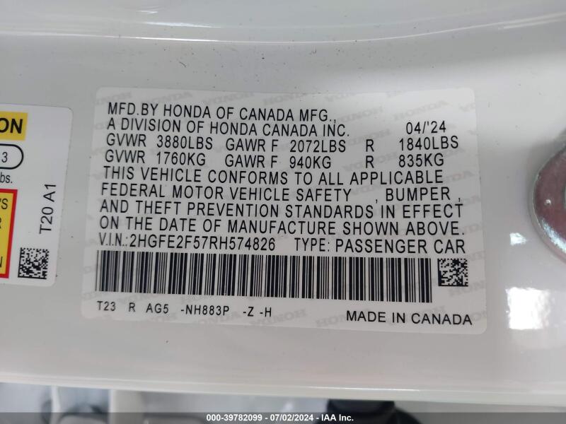 2024 HONDA CIVIC SPORT - 2HGFE2F57RH574826 | SeoVin.biz