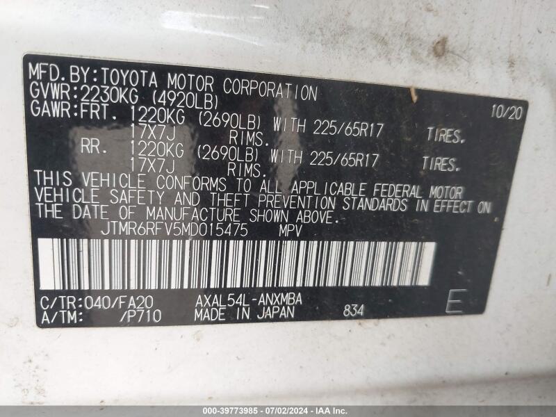 2021 TOYOTA RAV4 HYBRID XLE - JTMR6RFV5MD015475 | SeoVin.biz