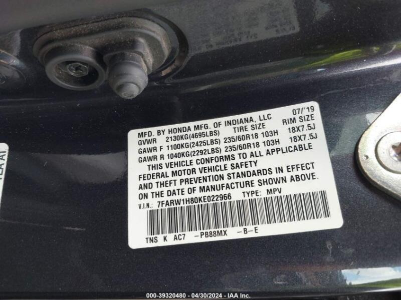 2019 HONDA CR-V EX-L - 7FARW1H80KE022966 | SeoVin.biz