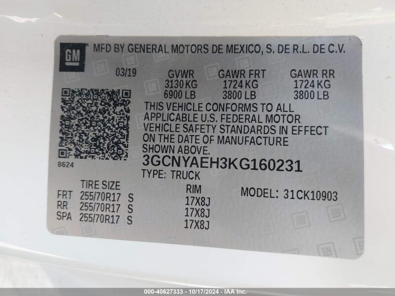 2019 CHEVROLET SILVERADO 1500 WORK TRUCK - 3GCNYAEH3KG160231 | SeoVin.biz