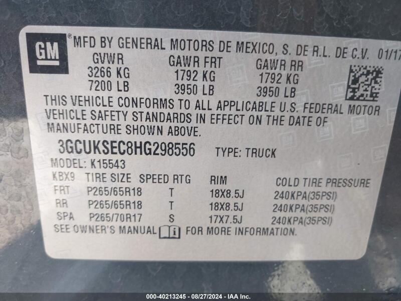2017 CHEVROLET SILVERADO 1500 1LZ - 3GCUKSEC8HG298556 | SeoVin.biz