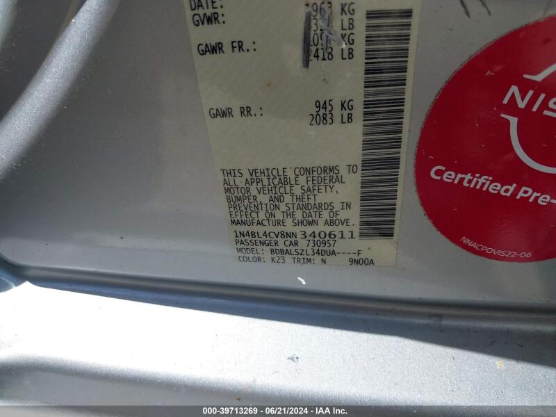 2022 NISSAN ALTIMA SR FWD - 1N4BL4CV8NN340611 | SeoVin.biz