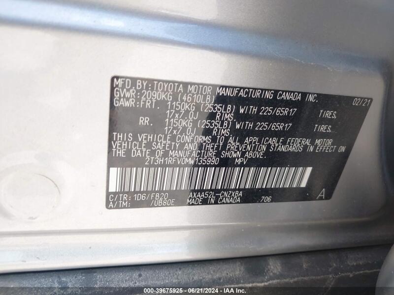 2021 TOYOTA RAV4 LE - 2T3H1RFV0MW135990 | SeoVin.biz