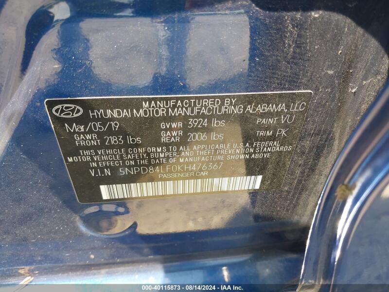 2019 HYUNDAI ELANTRA SEL - 5NPD84LF0KH476367 | SeoVin.biz