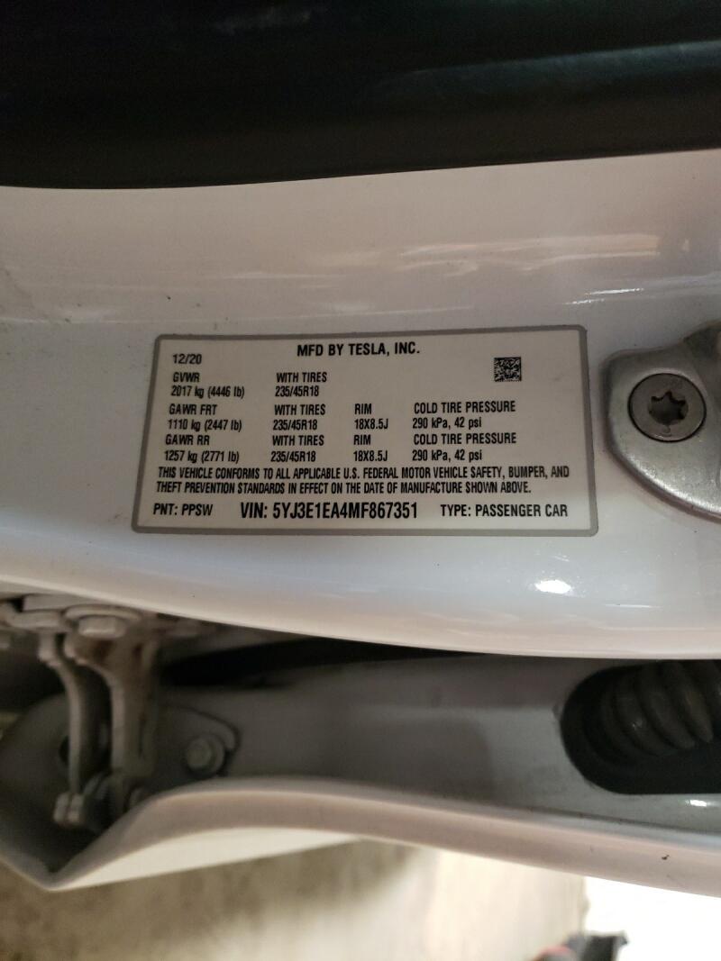 2021 TESLA MODEL 3 - 5YJ3E1EA4MF867351 | SeoVin.biz