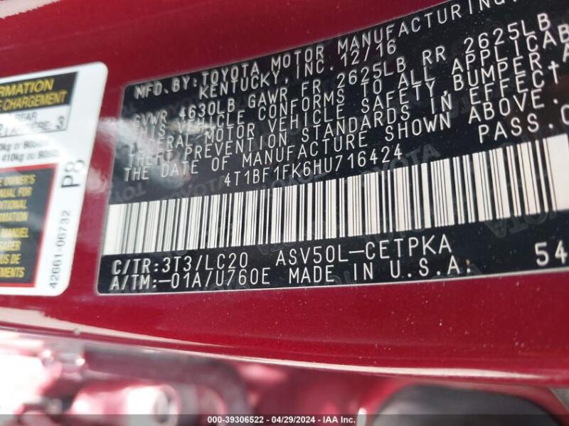2017 TOYOTA CAMRY XSE - 4T1BF1FK6HU716424 | SeoVin.biz