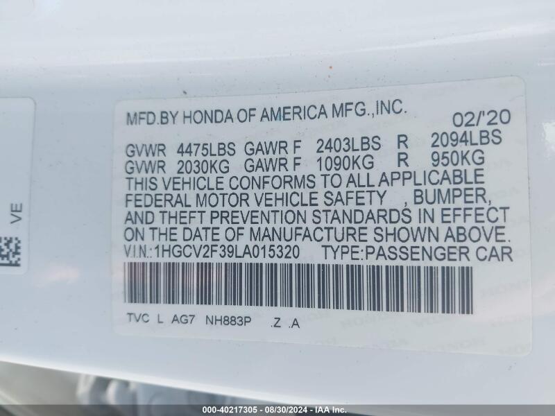 2020 HONDA ACCORD SPORT 2.0T - 1HGCV2F39LA015320 | SeoVin.biz