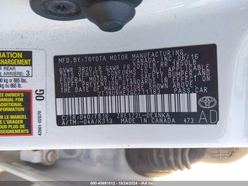 2016 TOYOTA COROLLA LE - 2T1BURHE2GC711183 | SeoVin.biz