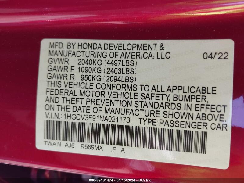2022 HONDA ACCORD HYBRID TOURING - 1HGCV3F91NA021173 | SeoVin.biz