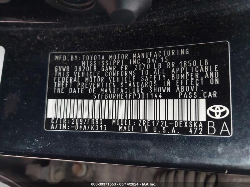 2015 TOYOTA COROLLA S PLUS - 5YFBURHE4FP301144 | SeoVin.biz