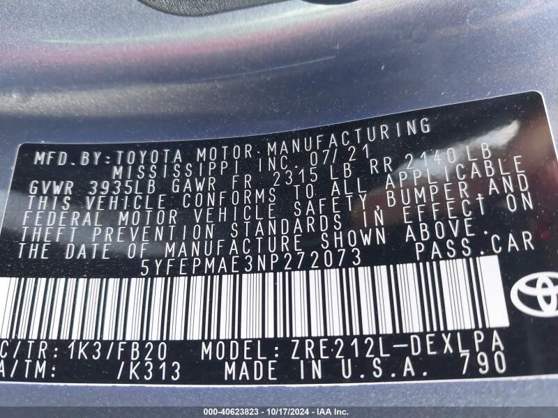 2022 TOYOTA COROLLA LE - 5YFEPMAE3NP272073 | SeoVin.biz