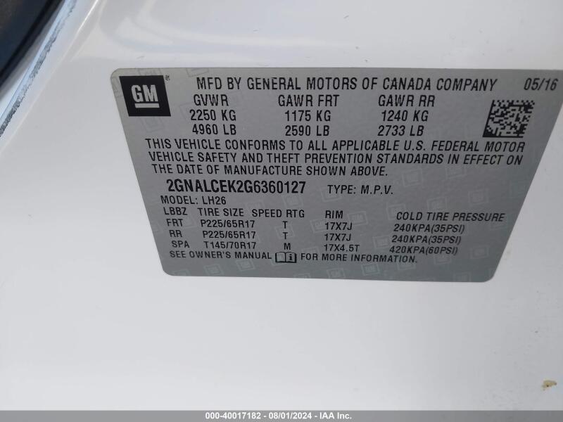 2016 CHEVROLET EQUINOX LT - 2GNALCEK2G6360127 | SeoVin.biz