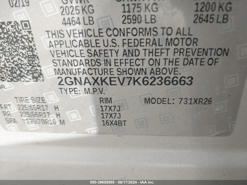 2019 CHEVROLET EQUINOX LT - 2GNAXKEV7K6236663 | SeoVin.biz