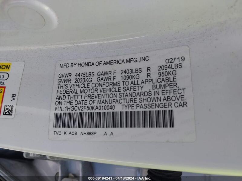 2019 HONDA ACCORD EX-L 2.0T - 1HGCV2F50KA010040 | SeoVin.biz