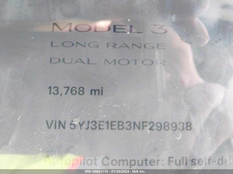 2022 TESLA MODEL 3 LONG RANGE DUAL MOTOR ALL-WHEEL DRIVE - 5YJ3E1EB3NF298938 | SeoVin.biz
