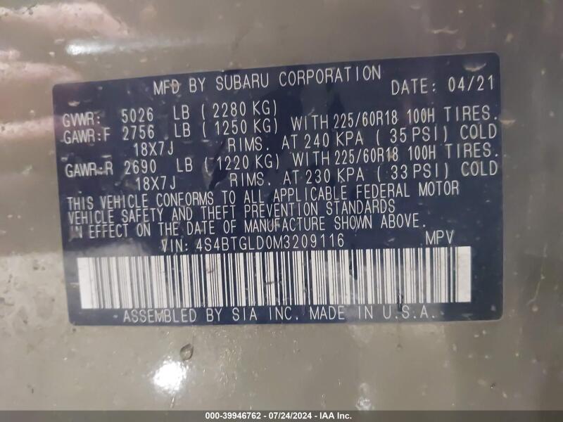 2021 SUBARU OUTBACK ONYX EDITION XT - 4S4BTGLD0M3209116 | SeoVin.biz