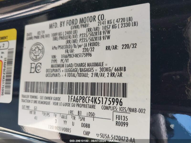 2019 FORD MUSTANG GT PREMIUM - 1FA6P8CF4K5175996 | SeoVin.biz