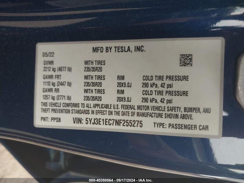 2022 TESLA MODEL 3 PERFORMANCE DUAL MOTOR ALL-WHEEL DRIVE - 5YJ3E1EC7NF255275 | SeoVin.biz
