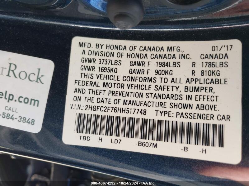2017 HONDA CIVIC EX - 2HGFC2F76HH517748 | SeoVin.biz