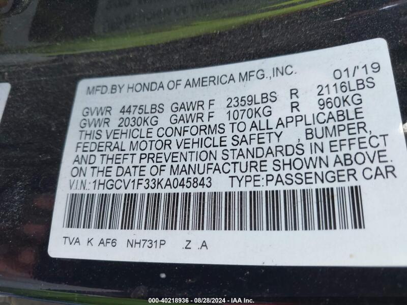 2019 HONDA ACCORD SPORT - 1HGCV1F33KA045843 | SeoVin.biz