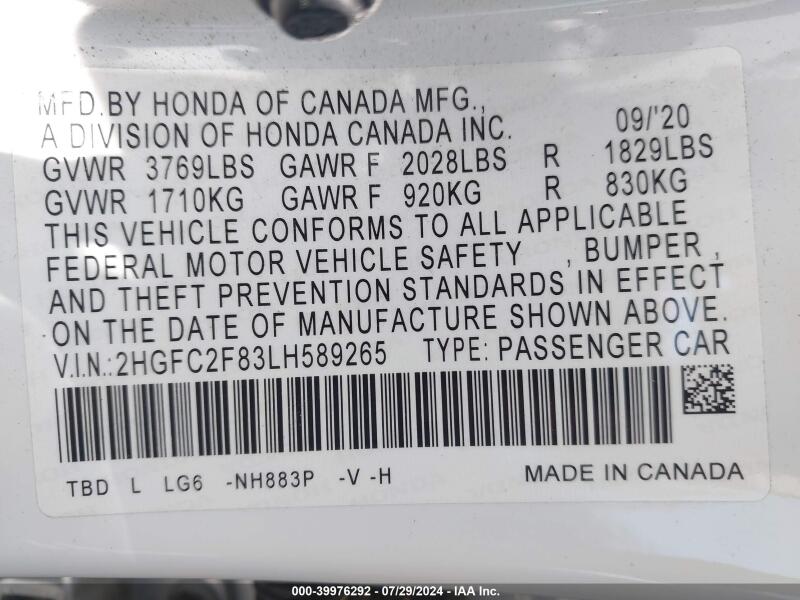 2020 HONDA CIVIC SPORT - 2HGFC2F83LH589265 | SeoVin.biz