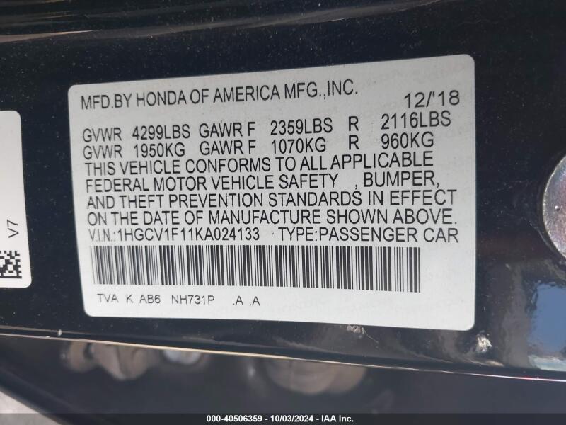 2019 HONDA ACCORD LX - 1HGCV1F11KA024133 | SeoVin.biz