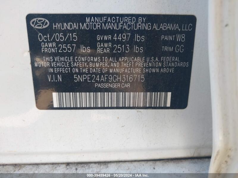 2016 HYUNDAI SONATA SE - 5NPE24AF9GH316715 | SeoVin.biz