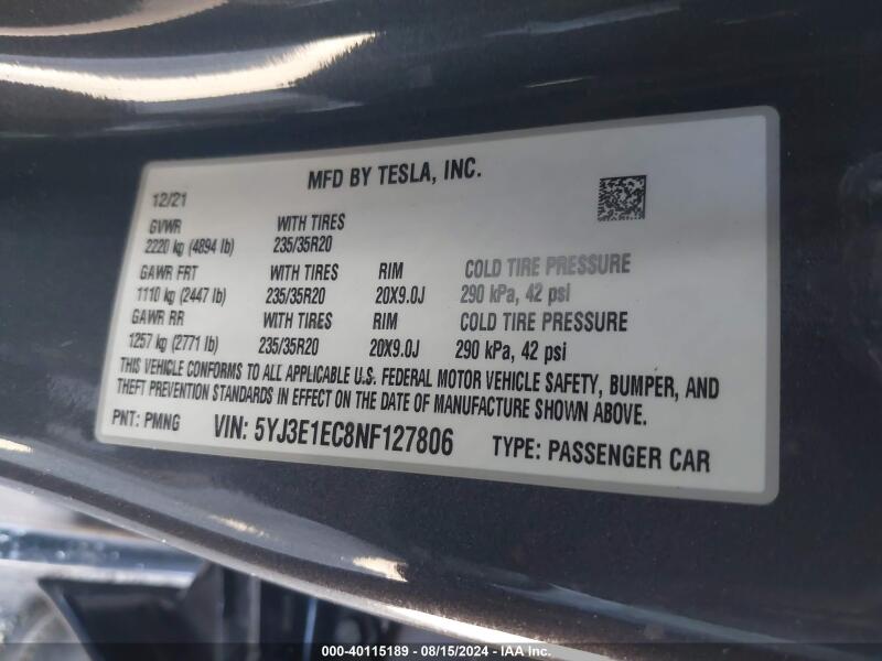 2022 TESLA MODEL 3 PERFORMANCE DUAL MOTOR ALL-WHEEL DRIVE - 5YJ3E1EC8NF127806 | SeoVin.biz